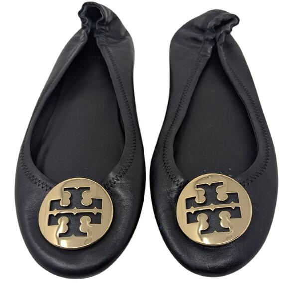 Tory Burch Minnie Black Leather Ballet Flats Gold Logo Size 8.5 - Picture 1 of 6